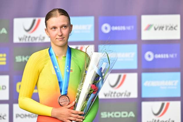 Lithuania s Auguste Mikutyte, winner of the bronze medal pictured on the podium of the Women Junior Individual Time Trial race (22km) at the cycling UEC Road European Championships, in Ljubljana, Slovenia, on Wednesday 7 October 2026. The UEC Road European Championships are taking place from 02 to 07 October in Ljubljana, Slovenia. DAVIDxPINTENS  x189034202x