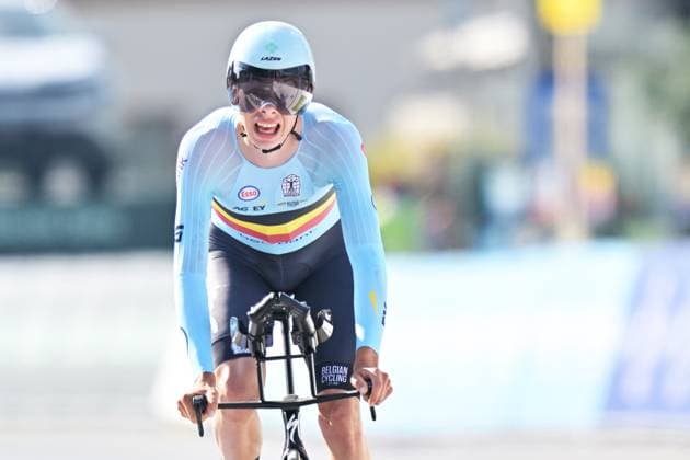 Belgium s Sander Willems crosses the finish line of the Men Junior Individual Time Trial race (22km) at the cycling UEC Road European Championships, in Ljubljana, Slovenia, on Wednesday 7 October 2026. The UEC Road European Championships are taking place from 02 to 07 October in Ljubljana, Slovenia. DAVIDxPINTENS  x189034494x