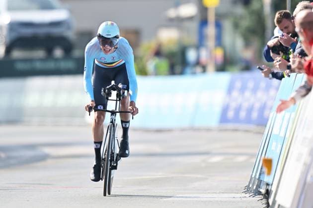 Belgium s Sander Willems crosses the finish line of the Men Junior Individual Time Trial race (22km) at the cycling UEC Road European Championships, in Ljubljana, Slovenia, on Wednesday 7 October 2026. The UEC Road European Championships are taking place from 02 to 07 October in Ljubljana, Slovenia. DAVIDxPINTENS  x189034499x