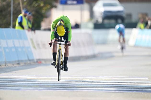 Slovenia s Maks Olenik crosses the finish line of the Men Junior Individual Time Trial race (22km) at the cycling UEC Road European Championships, in Ljubljana, Slovenia, on Wednesday 7 October 2026. The UEC Road European Championships are taking place from 02 to 07 October in Ljubljana, Slovenia. DAVIDxPINTENS  x189034590x