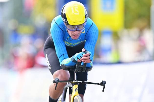 Sweden s Elias Wandel crosses the finish line of the Men Junior Individual Time Trial race (22km) at the cycling UEC Road European Championships, in Ljubljana, Slovenia, on Wednesday 7 October 2026. The UEC Road European Championships are taking place from 02 to 07 October in Ljubljana, Slovenia. DAVIDxPINTENS  x189035296x