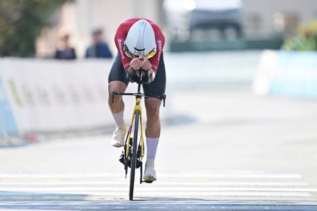 Denmark s Malthe Risbjerg crosses the finish line of the Men Junior Individual Time Trial race (22km) at the cycling UEC Road European Championships, in Ljubljana, Slovenia, on Wednesday 7 October 2026. The UEC Road European Championships are taking place from 02 to 07 October in Ljubljana, Slovenia. DAVIDxPINTENS  x189036904x
