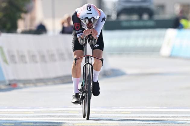Switzerland s Antoine Salamin crosses the finish line of the Men Junior Individual Time Trial race (22km) at the cycling UEC Road European Championships, in Ljubljana, Slovenia, on Wednesday 7 October 2026. The UEC Road European Championships are taking place from 02 to 07 October in Ljubljana, Slovenia. DAVIDxPINTENS  x189036895x