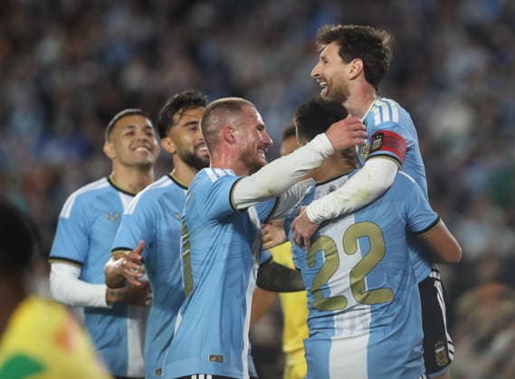 (261007) -- BUENOS AIRES, Oct. 7, 2026 -- Lionel Messi (1st R) of Argentina celebrates with his teammates after scoring during a football friendly match between Argentina and Benin at the Monumental Stadium in Buenos Aires, capital of Argentina, on Oct. 6, 2026. The match marked Lionel Messi s final appearance for the Argentina national football team. (Photo by Xinhua) (SP)ARGENTINA-BUENOS AIRES-FOOTBALL-FRIENDLY MATCH-ARGENTINA VS BENIN MartinxZabala 