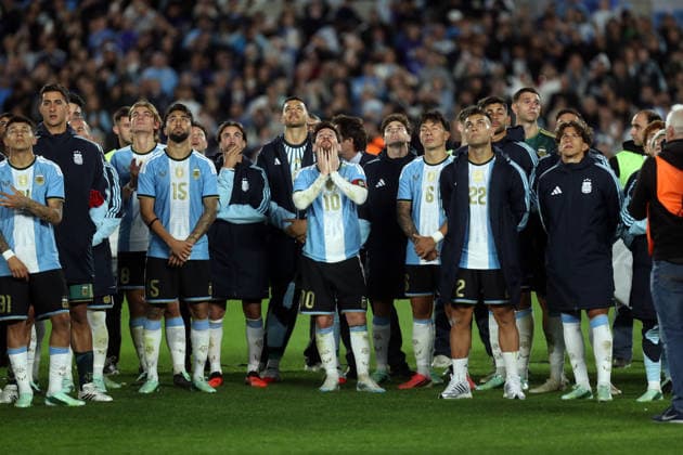 (261007) -- BUENOS AIRES, Oct. 7, 2026 -- Lionel Messi (C) of Argentina watches a drone show with his teammates after a football friendly match between Argentina and Benin at the Monumental Stadium in Buenos Aires, capital of Argentina, on Oct. 6, 2026. The match marked Lionel Messi s final appearance for the Argentina national football team. (Photo by Xinhua) (SP)ARGENTINA-BUENOS AIRES-FOOTBALL-FRIENDLY MATCH-ARGENTINA VS BENIN MartinxZabala 