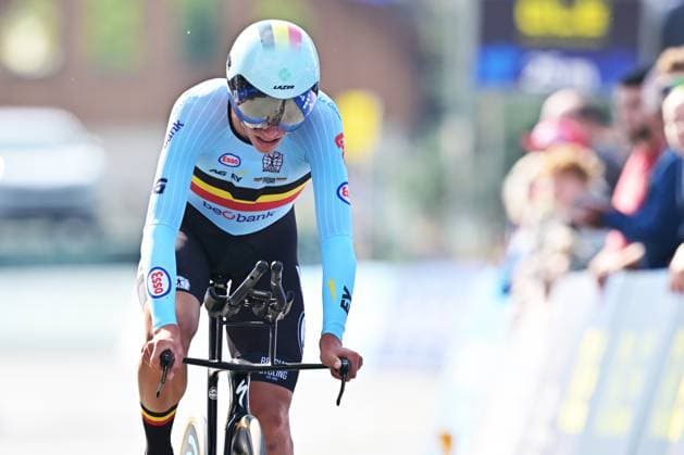Belgium s Vic De Smet crosses the finish line of the Men Junior Individual Time Trial race (22km) at the cycling UEC Road European Championships, in Ljubljana, Slovenia, on Wednesday 7 October 2026. The UEC Road European Championships are taking place from 02 to 07 October in Ljubljana, Slovenia. DAVIDxPINTENS  x189037836x