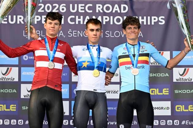 UEC 2026 Road European Championships Ljubljana 07 10 2026 SENCUR, SLOVENIA - OCTOBER 07 : silver medal Risbjerg Malthe (DEN), gold medal Noval suarez Benjamin (ESP) and bronze medal De smet Vic (BEL) pictured during the podium ceremony of the Individual Time Trial Men Junior at the 2026 UEC Road European Championships. An UCI Continental Championships time trial cycling race with start and finish in Sencur on October 7, 2026 in Sencur, Slovenia, 07 10 2026 Sencur Slovenia  Copyright: xJanxDexMeuleneirx