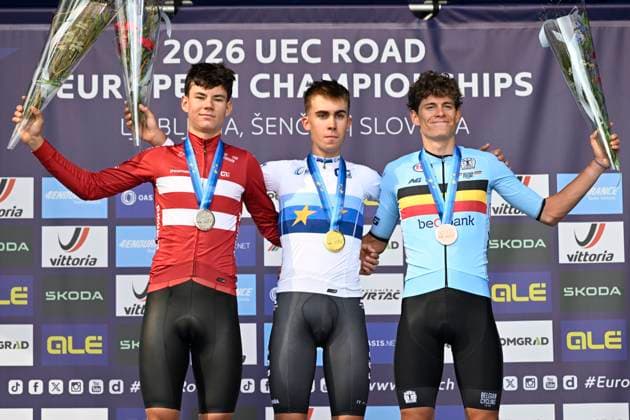 UEC 2026 Road European Championships Ljubljana 07 10 2026 SENCUR, SLOVENIA - OCTOBER 07 : silver medal Risbjerg Malthe (DEN), gold medal Noval suarez Benjamin (ESP) and bronze medal De smet Vic (BEL) pictured during the podium ceremony of the Individual Time Trial Men Junior at the 2026 UEC Road European Championships. An UCI Continental Championships time trial cycling race with start and finish in Sencur on October 7, 2026 in Sencur, Slovenia, 07 10 2026 Sencur Slovenia  Copyright: xJanxDexMeuleneirx