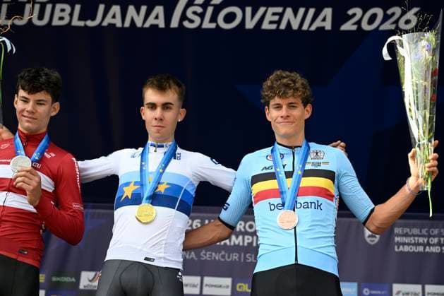 UEC 2026 Road European Championships Ljubljana 07 10 2026 SENCUR, SLOVENIA - OCTOBER 07 : silver medal Risbjerg Malthe (DEN), gold medal Noval suarez Benjamin (ESP) and bronze medal De smet Vic (BEL) pictured during the podium ceremony of the Individual Time Trial Men Junior at the 2026 UEC Road European Championships. An UCI Continental Championships time trial cycling race with start and finish in Sencur on October 7, 2026 in Sencur, Slovenia, 07 10 2026 Sencur Slovenia  Copyright: xJanxDexMeuleneirx