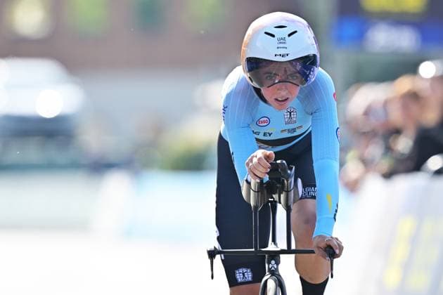 Belgium s Febe Jooris crosses the finish line of the Women U23 Individual Time Trial race (22km) at the cycling UEC Road European Championships, in Ljubljana, Slovenia, on Wednesday 7 October 2026. The UEC Road European Championships are taking place from 02 to 07 October in Ljubljana, Slovenia. DAVIDxPINTENS  x189039103x