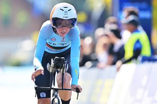 Belgium s Febe Jooris crosses the finish line of the Women U23 Individual Time Trial race (22km) at the cycling UEC Road European Championships, in Ljubljana, Slovenia, on Wednesday 7 October 2026. The UEC Road European Championships are taking place from 02 to 07 October in Ljubljana, Slovenia. DAVIDxPINTENS  x189039137x