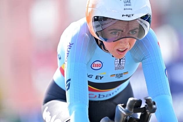 Belgium s Febe Jooris crosses the finish line of the Women U23 Individual Time Trial race (22km) at the cycling UEC Road European Championships, in Ljubljana, Slovenia, on Wednesday 7 October 2026. The UEC Road European Championships are taking place from 02 to 07 October in Ljubljana, Slovenia. DAVIDxPINTENS  x189039689x
