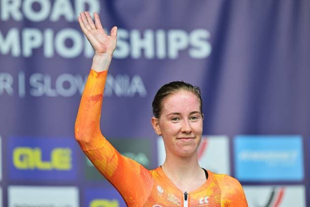 Netherlands Nienke Vinke celebrates on the podium after winning the Women U23 Individual Time Trial race (22km) at the cycling UEC Road European Championships, in Ljubljana, Slovenia, on Wednesday 7 October 2026. The UEC Road European Championships are taking place from 02 to 07 October in Ljubljana, Slovenia. DAVIDxPINTENS  x189040022x
