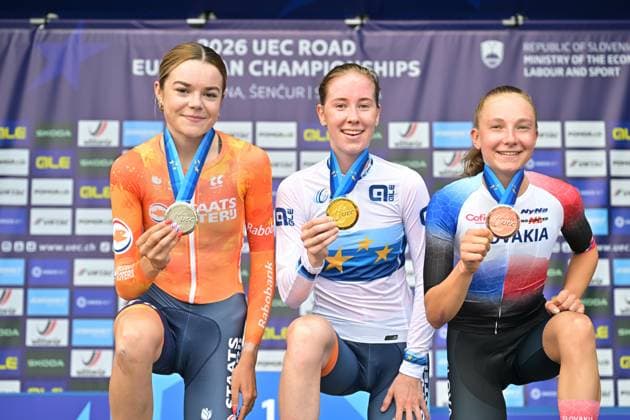 Netherlands Megan Arens; Netherlands Nienke Vinke and Slovakia s Viktoria Chladonova celebrate on the podium of the Women U23 Individual Time Trial race (22km) at the cycling UEC Road European Championships, in Ljubljana, Slovenia, on Wednesday 7 October 2026. The UEC Road European Championships are taking place from 02 to 07 October in Ljubljana, Slovenia. DAVIDxPINTENS  x189040063x