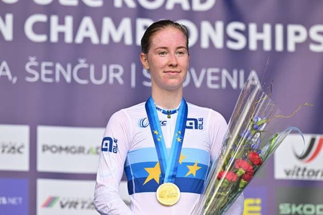 Netherlands Nienke Vinke celebrates on the podium after winning the Women U23 Individual Time Trial race (22km) at the cycling UEC Road European Championships, in Ljubljana, Slovenia, on Wednesday 7 October 2026. The UEC Road European Championships are taking place from 02 to 07 October in Ljubljana, Slovenia. DAVIDxPINTENS  x189040067x