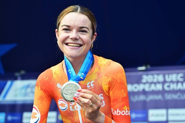 Netherlands Megan Arens , winner of the silver medal celebrates on the podium of the Women U23 Individual Time Trial race (22km) at the cycling UEC Road European Championships, in Ljubljana, Slovenia, on Wednesday 7 October 2026. The UEC Road European Championships are taking place from 02 to 07 October in Ljubljana, Slovenia. DAVIDxPINTENS  x189040103x