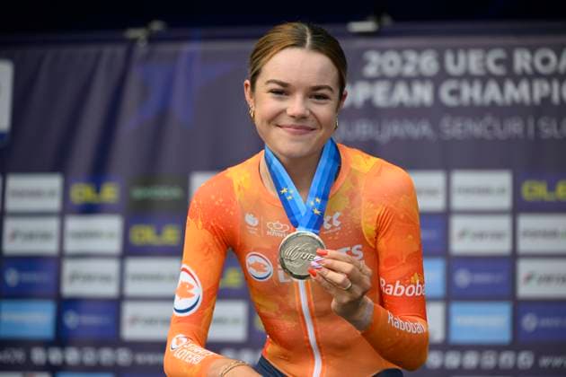 UEC 2026 Road European Championships Ljubljana 07 10 2026 SENCUR, SLOVENIA - OCTOBER 07 : silver medal Arens Megan (NED) pictured during the podium ceremony of the Individual Time Trial Women Under 23 at the 2026 UEC Road European Championships. An UCI Continental Championships time trial cycling race with start and finish in Sencur on October 7, 2026 in Sencur, Slovenia, 07 10 2026 Sencur Slovenia  Copyright: xJanxDexMeuleneirx