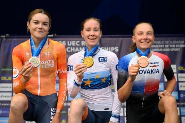 UEC 2026 Road European Championships Ljubljana 07 10 2026 SENCUR, SLOVENIA - OCTOBER 07 : silver medal Arens Megan (NED), gold medal Vinke Nienke (NED) and bronze medal Chladonova Viktoria (SVK) pictured during the podium ceremony of the Individual Time Trial Women Under 23 at the 2026 UEC Road European Championships. An UCI Continental Championships time trial cycling race with start and finish in Sencur on October 7, 2026 in Sencur, Slovenia, 07 10 2026 Sencur Slovenia  Copyright: xJanxDexMeuleneirx
