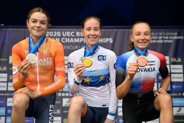 UEC 2026 Road European Championships Ljubljana 07 10 2026 SENCUR, SLOVENIA - OCTOBER 07 : silver medal Arens Megan (NED), gold medal Vinke Nienke (NED) and bronze medal Chladonova Viktoria (SVK) pictured during the podium ceremony of the Individual Time Trial Women Under 23 at the 2026 UEC Road European Championships. An UCI Continental Championships time trial cycling race with start and finish in Sencur on October 7, 2026 in Sencur, Slovenia, 07 10 2026 Sencur Slovenia  Copyright: xJanxDexMeuleneirx