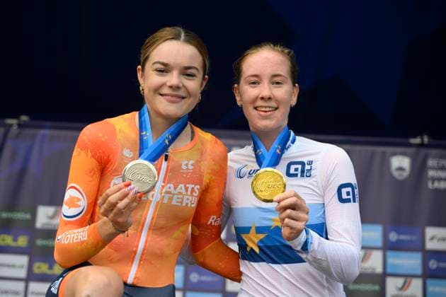 UEC 2026 Road European Championships Ljubljana 07 10 2026 SENCUR, SLOVENIA - OCTOBER 07 : silver medal Arens Megan (NED), gold medal Vinke Nienke (NED) pictured during the podium ceremony of the Individual Time Trial Women Under 23 at the 2026 UEC Road European Championships. An UCI Continental Championships time trial cycling race with start and finish in Sencur on October 7, 2026 in Sencur, Slovenia, 07 10 2026 Sencur Slovenia  Copyright: xJanxDexMeuleneirx