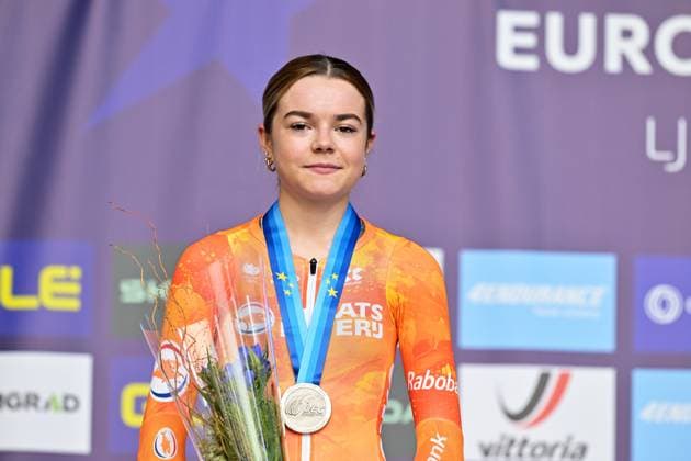 Netherlands Megan Arens , winner of the silver medal celebrates on the podium of the Women U23 Individual Time Trial race (22km) at the cycling UEC Road European Championships, in Ljubljana, Slovenia, on Wednesday 7 October 2026. The UEC Road European Championships are taking place from 02 to 07 October in Ljubljana, Slovenia. DAVIDxPINTENS  x189040224x