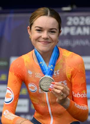 UEC 2026 Road European Championships Ljubljana 07 10 2026 SENCUR, SLOVENIA - OCTOBER 07 : silver medal Arens Megan (NED) pictured during the podium ceremony of the Individual Time Trial Women Under 23 at the 2026 UEC Road European Championships. An UCI Continental Championships time trial cycling race with start and finish in Sencur on October 7, 2026 in Sencur, Slovenia, 07 10 2026 Sencur Slovenia  Copyright: xJanxDexMeuleneirx