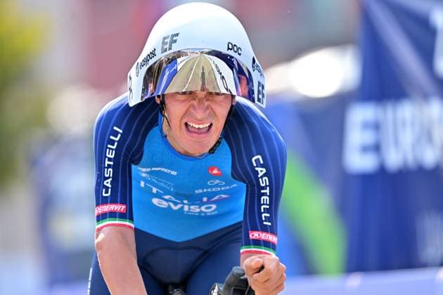 Italy s Roberto Capello crosses the finish line of the Men U23 Individual Time Trial race (22km) at the cycling UEC Road European Championships, in Ljubljana, Slovenia, on Wednesday 7 October 2026. The UEC Road European Championships are taking place from 02 to 07 October in Ljubljana, Slovenia. DAVIDxPINTENS  x189040453x