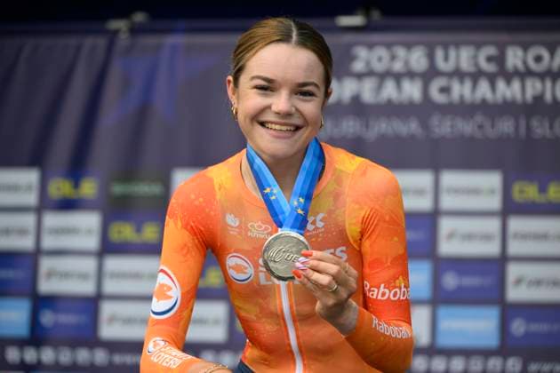 UEC 2026 Road European Championships Ljubljana 07 10 2026 SENCUR, SLOVENIA - OCTOBER 07 : silver medal Arens Megan (NED) pictured during the podium ceremony of the Individual Time Trial Women Under 23 at the 2026 UEC Road European Championships. An UCI Continental Championships time trial cycling race with start and finish in Sencur on October 7, 2026 in Sencur, Slovenia, 07 10 2026 Sencur Slovenia  Copyright: xJanxDexMeuleneirx