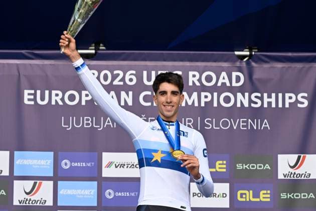 UEC 2026 Road European Championships Ljubljana 07 10 2026 SENCUR, SLOVENIA - OCTOBER 07 : gold medal Alvarez martinez Hector (ESP) pictured during the podium ceremony of the Individual Time Trial Men Under 23 at the 2026 UEC Road European Championships. An UCI Continental Championships time trial cycling race with start and finish in Sencur on October 7, 2026 in Sencur, Slovenia, 07 10 2026 Sencur Slovenia  Copyright: xJanxDexMeuleneirx