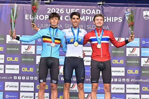 Belgium s Matisse Van Kerckhove; Spain s Hector Alvarez Martinez and Norway s Kasper Haugland celebrate on the podium after the Men U23 Individual Time Trial race (22km) at the cycling UEC Road European Championships, in Ljubljana, Slovenia, on Wednesday 7 October 2026. The UEC Road European Championships are taking place from 02 to 07 October in Ljubljana, Slovenia. DAVIDxPINTENS  x189041711x