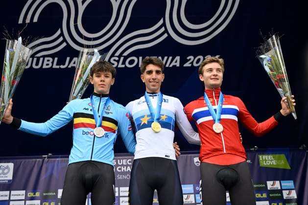 UEC 2026 Road European Championships Ljubljana 07 10 2026 SENCUR, SLOVENIA - OCTOBER 07 : silver medal Van kerckhove Matisse (BEL), gold medal Alvarez martinez Hector (ESP) and bronze medal Haugland Kasper (NOR) pictured during the podium ceremony of the Individual Time Trial Men Under 23 at the 2026 UEC Road European Championships. An UCI Continental Championships time trial cycling race with start and finish in Sencur on October 7, 2026 in Sencur, Slovenia, 07 10 2026 Sencur Slovenia  Copyright: xJanxDexMeuleneirx