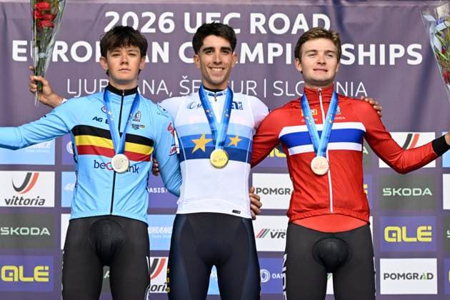 UEC 2026 Road European Championships Ljubljana 07 10 2026 SENCUR, SLOVENIA - OCTOBER 07 : silver medal Van kerckhove Matisse (BEL), gold medal Alvarez martinez Hector (ESP) and bronze medal Haugland Kasper (NOR) pictured during the podium ceremony of the Individual Time Trial Men Under 23 at the 2026 UEC Road European Championships. An UCI Continental Championships time trial cycling race with start and finish in Sencur on October 7, 2026 in Sencur, Slovenia, 07 10 2026 Sencur Slovenia  Copyright: xJanxDexMeuleneirx