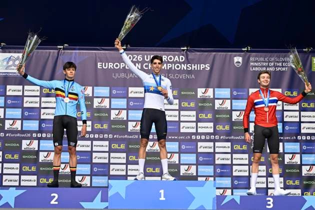 UEC 2026 Road European Championships Ljubljana 07 10 2026 SENCUR, SLOVENIA - OCTOBER 07 : silver medal Van kerckhove Matisse (BEL), gold medal Alvarez martinez Hector (ESP) and bronze medal Haugland Kasper (NOR) pictured during the podium ceremony of the Individual Time Trial Men Under 23 at the 2026 UEC Road European Championships. An UCI Continental Championships time trial cycling race with start and finish in Sencur on October 7, 2026 in Sencur, Slovenia, 07 10 2026 Sencur Slovenia  Copyright: xJanxDexMeuleneirx