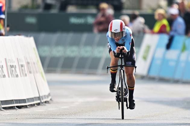 Belgium s Sandrine Tas crosses the finish line of the Women Elite Individual Time Trial race (22km) at the cycling UEC Road European Championships, in Ljubljana, Slovenia, on Wednesday 7 October 2026. The UEC Road European Championships are taking place from 02 to 07 October in Ljubljana, Slovenia. DAVIDxPINTENS  x189046933x