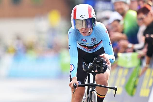 Belgium s Sandrine Tas crosses the finish line of the Women Elite Individual Time Trial race (22km) at the cycling UEC Road European Championships, in Ljubljana, Slovenia, on Wednesday 7 October 2026. The UEC Road European Championships are taking place from 02 to 07 October in Ljubljana, Slovenia. DAVIDxPINTENS  x189047348x