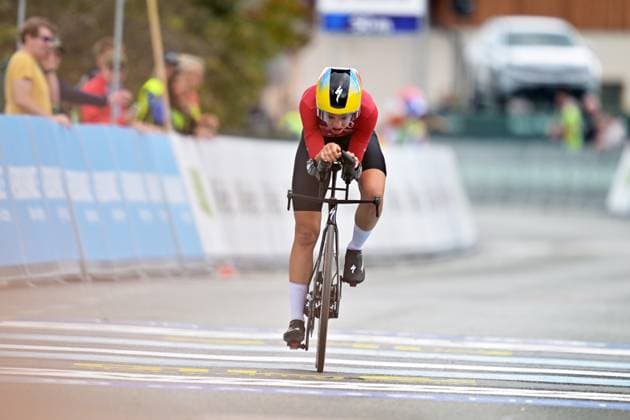 Luxembourg s Marie Schreiber crosses the finish line of the Women Elite Individual Time Trial race (22km) at the cycling UEC Road European Championships, in Ljubljana, Slovenia, on Wednesday 7 October 2026. The UEC Road European Championships are taking place from 02 to 07 October in Ljubljana, Slovenia. DAVIDxPINTENS  x189047519x