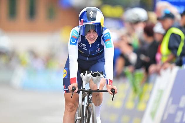 France s Juliette Berthet crosses the finish line of the Women Elite Individual Time Trial race (22km) at the cycling UEC Road European Championships, in Ljubljana, Slovenia, on Wednesday 7 October 2026. The UEC Road European Championships are taking place from 02 to 07 October in Ljubljana, Slovenia. DAVIDxPINTENS  x189048073x