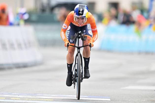Netherlands Demi Vollering crosses the finish line of the Women Elite Individual Time Trial race (22km) at the cycling UEC Road European Championships, in Ljubljana, Slovenia, on Wednesday 7 October 2026. The UEC Road European Championships are taking place from 02 to 07 October in Ljubljana, Slovenia. DAVIDxPINTENS  x189049035x