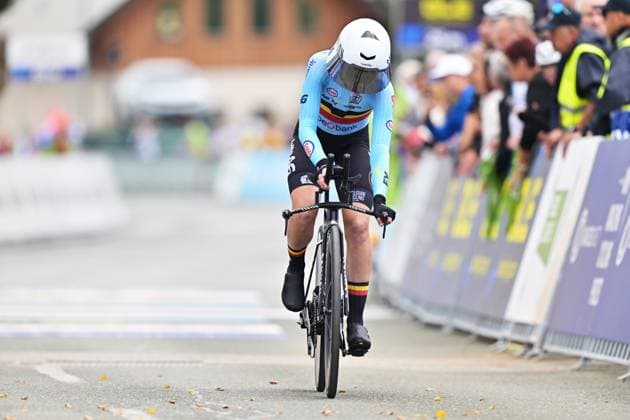 Belgium s Lotte Claes crosses the finish line of the Women Elite Individual Time Trial race (22km) at the cycling UEC Road European Championships, in Ljubljana, Slovenia, on Wednesday 7 October 2026. The UEC Road European Championships are taking place from 02 to 07 October in Ljubljana, Slovenia. DAVIDxPINTENS  x189049024x