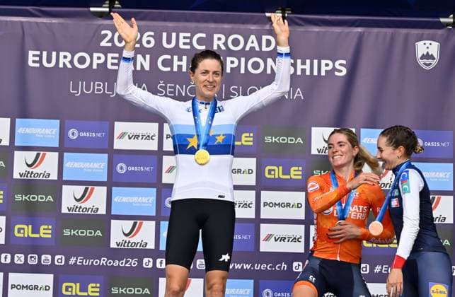 UEC 2026 Road European Championships Ljubljana 07 10 2026 SENCUR, SLOVENIA - OCTOBER 07 : silver medal Vollering Demi (NED) , gold medal Reusser Marlen (SUI) and bronze medal Berthet Juliette (FRA) pictured during the podium ceremony of the Women Elite Individual Time Trial at the 2026 UEC Road European Championships. An UCI Continental Championships time trial cycling race with start and finish in Sencur on October 7, 2026 in Sencur, Slovenia, 07 10 2026 Sencur Slovenia  Copyright: xJanxDexMeuleneirx