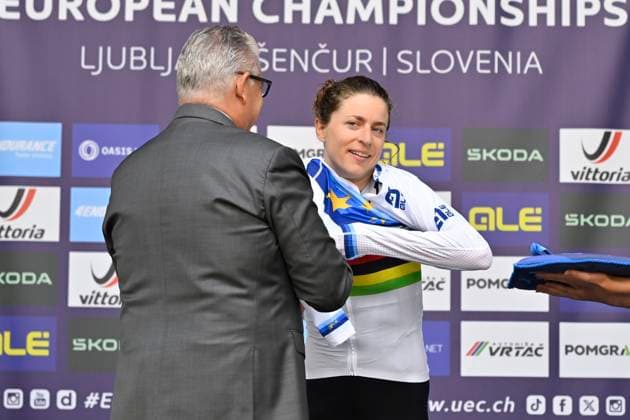 UEC 2026 Road European Championships Ljubljana 07 10 2026 SENCUR, SLOVENIA - OCTOBER 07 : gold medal Reusser Marlen (SUI) pictured during the podium ceremony of the Women Elite Individual Time Trial at the 2026 UEC Road European Championships. An UCI Continental Championships time trial cycling race with start and finish in Sencur on October 7, 2026 in Sencur, Slovenia, 07 10 2026 Sencur Slovenia  Copyright: xJanxDexMeuleneirx