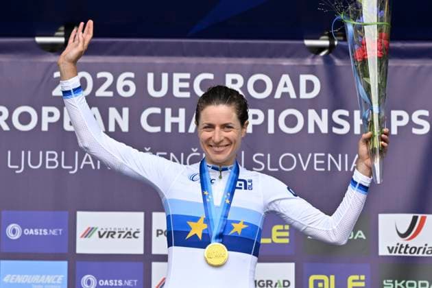 UEC 2026 Road European Championships Ljubljana 07 10 2026 SENCUR, SLOVENIA - OCTOBER 07 : gold medal Reusser Marlen (SUI) pictured during the podium ceremony of the Women Elite Individual Time Trial at the 2026 UEC Road European Championships. An UCI Continental Championships time trial cycling race with start and finish in Sencur on October 7, 2026 in Sencur, Slovenia, 07 10 2026 Sencur Slovenia  Copyright: xJanxDexMeuleneirx