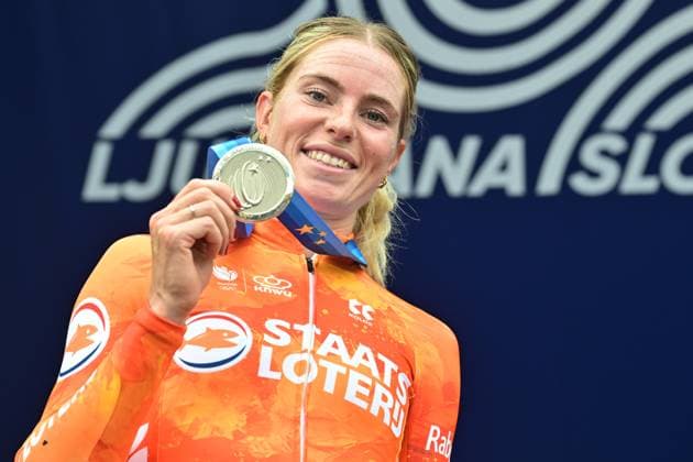 Netherlands Demi Vollering , winner of the silver medal celebrates on the podium of the Women Elite Individual Time Trial race (22km) at the cycling UEC Road European Championships, in Ljubljana, Slovenia, on Wednesday 7 October 2026. The UEC Road European Championships are taking place from 02 to 07 October in Ljubljana, Slovenia. DAVIDxPINTENS  x189052873x