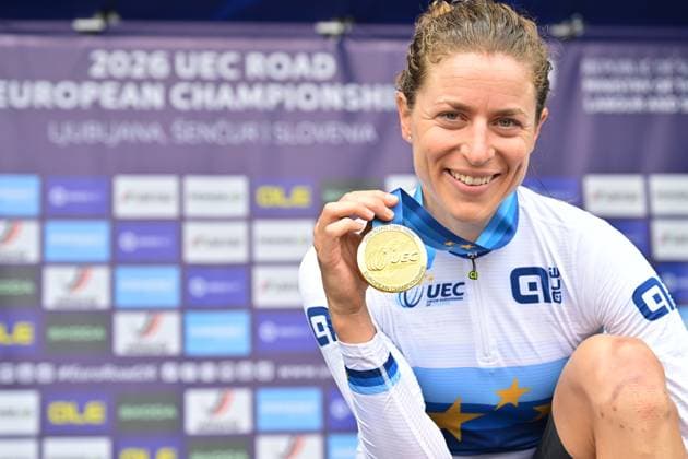 Switzerland s Marlen Reusser celebrates on the podium after winning the Women Elite Individual Time Trial race (22km) at the cycling UEC Road European Championships, in Ljubljana, Slovenia, on Wednesday 7 October 2026. The UEC Road European Championships are taking place from 02 to 07 October in Ljubljana, Slovenia. DAVIDxPINTENS  x189052880x