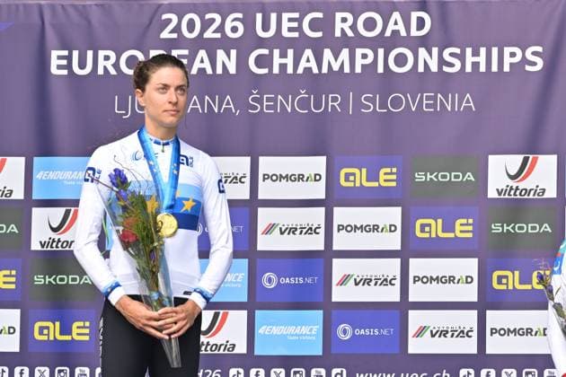 Switzerland s Marlen Reusser celebrates on the podium after winning the Women Elite Individual Time Trial race (22km) at the cycling UEC Road European Championships, in Ljubljana, Slovenia, on Wednesday 7 October 2026. The UEC Road European Championships are taking place from 02 to 07 October in Ljubljana, Slovenia. DAVIDxPINTENS  x189054034x
