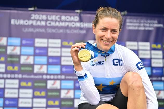 Switzerland s Marlen Reusser celebrates on the podium after winning the Women Elite Individual Time Trial race (22km) at the cycling UEC Road European Championships, in Ljubljana, Slovenia, on Wednesday 7 October 2026. The UEC Road European Championships are taking place from 02 to 07 October in Ljubljana, Slovenia. DAVIDxPINTENS  x189054127x