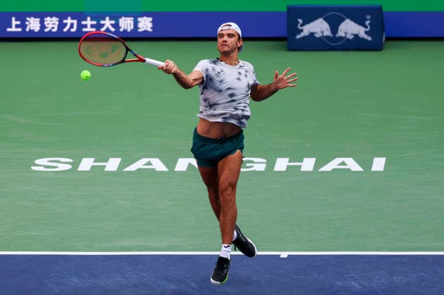 (261007) -- SHANGHAI, Oct. 7, 2026 -- Tomas Machac hits a return during the men s singles first round match between Zhang Zhizhen of China and Tomas Machac of the Czech Republic at the 2026 ATP, Tennis Herren tour Shanghai Masters tennis tournament in Shanghai, China, Oct. 7, 2026. ) (SP)CHINA-SHANGHAI-TENNIS-SHANGHAI MASTERS-MEN S SINGLES (CN) WangxXiang 