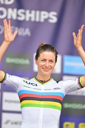Switzerland s Marlen Reusser celebrates on the podium after winning the Women Elite Individual Time Trial race (22km) at the cycling UEC Road European Championships, in Ljubljana, Slovenia, on Wednesday 7 October 2026. The UEC Road European Championships are taking place from 02 to 07 October in Ljubljana, Slovenia. DAVIDxPINTENS  x189054143x