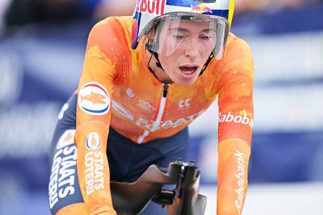 Netherlands Demi Vollering crosses the finish line of the Women Elite Individual Time Trial race (22km) at the cycling UEC Road European Championships, in Ljubljana, Slovenia, on Wednesday 7 October 2026. The UEC Road European Championships are taking place from 02 to 07 October in Ljubljana, Slovenia. DAVIDxPINTENS  x189054555x
