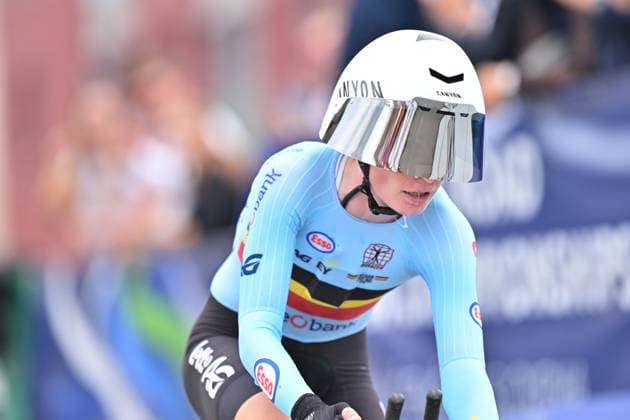 Belgium s Lotte Claes crosses the finish line of the Women Elite Individual Time Trial race (22km) at the cycling UEC Road European Championships, in Ljubljana, Slovenia, on Wednesday 7 October 2026. The UEC Road European Championships are taking place from 02 to 07 October in Ljubljana, Slovenia. DAVIDxPINTENS  x189054905x
